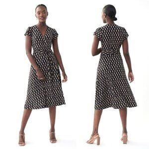 Joseph Ribkoff Wrap Front Jersey Midi Dress Black Beige Size 10 Style 222202